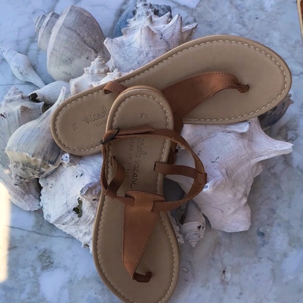 NWOB Niccolo Vacari Italian Leather Tan Thong Sandals Ankle Strap Size 7 1/2 Med